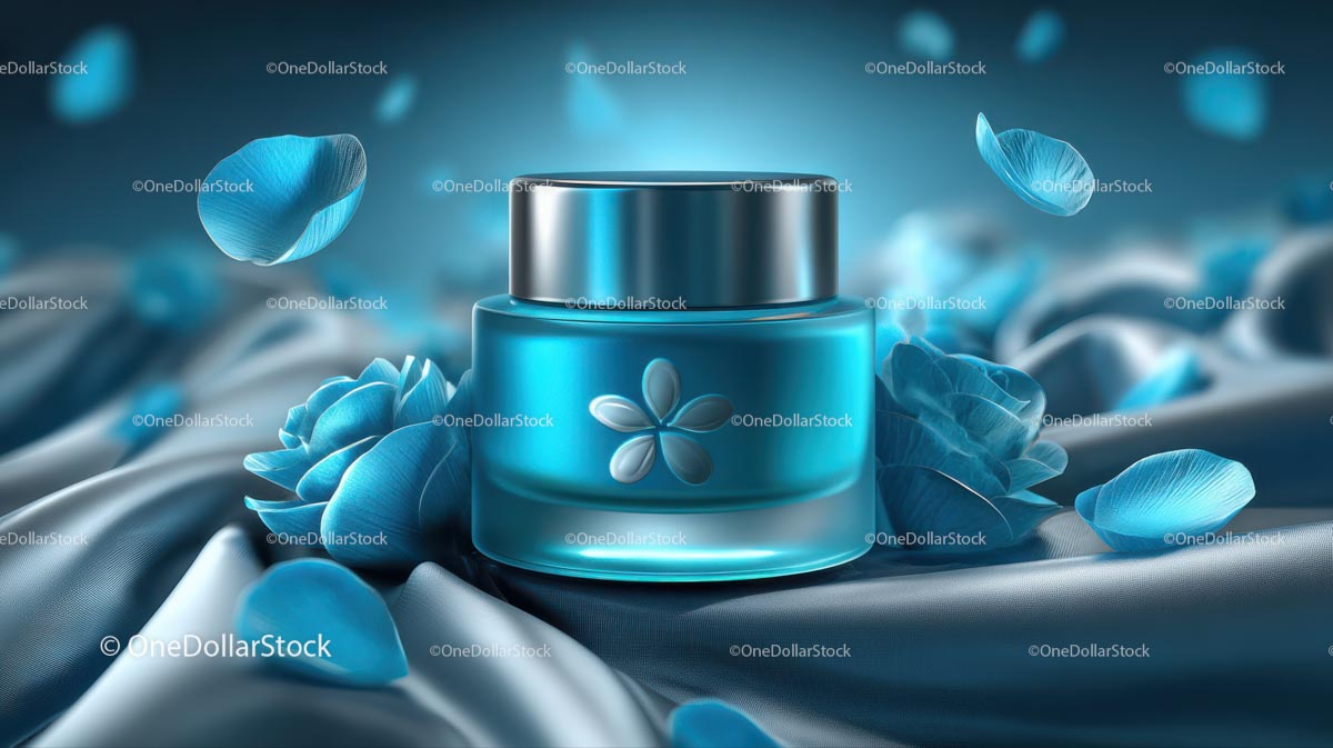 Elegant Blue Cosmetic Jar Among Delicate Petals