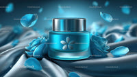 Elegant Blue Cosmetic Jar Among Delicate Petals