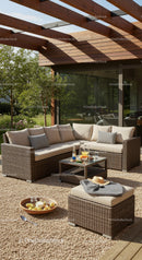 Contemporary Outdoor Lounge Area with Wicker Sofa and Garden Setting