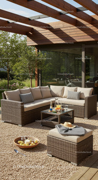 Contemporary Outdoor Lounge Area with Wicker Sofa and Garden Setting