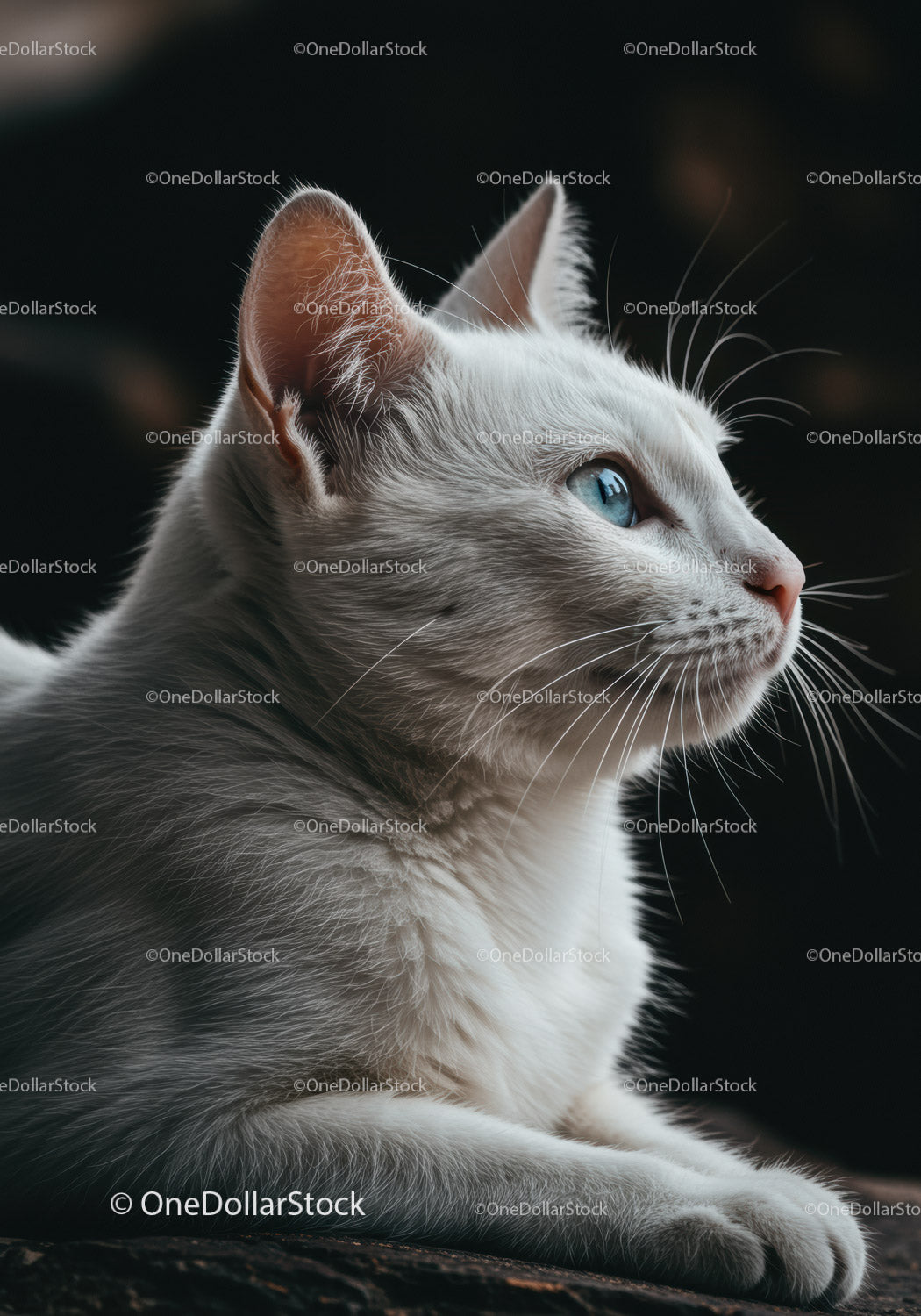 Profile of white cat with striking blue eyes in soft light
