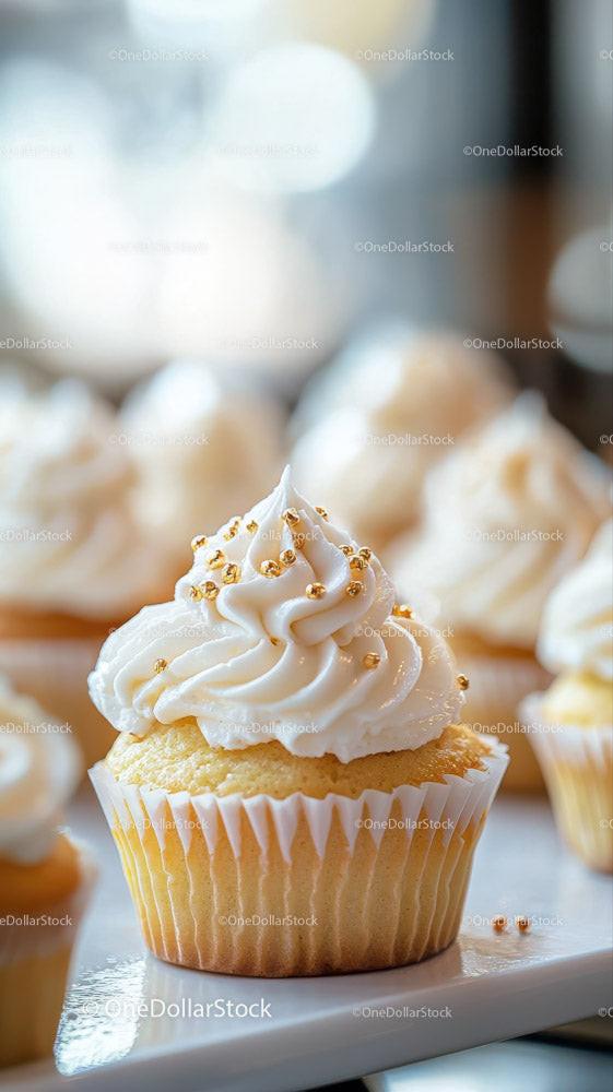 Delicious Vanilla Cupcake with Creamy Frosting and Gold Sprinkles