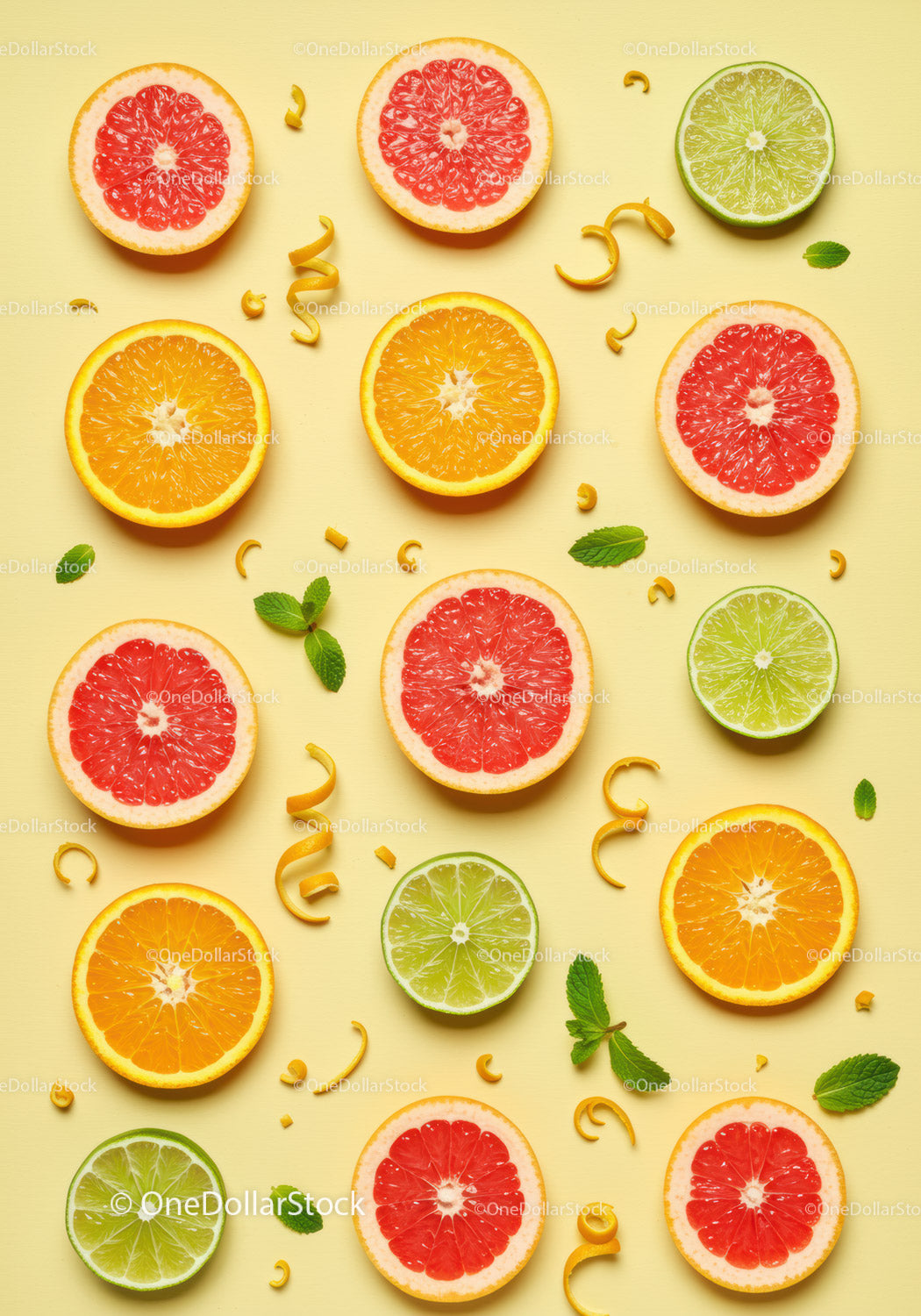 Fresh Citrus Fruit Slices Arranged on Yellow Background