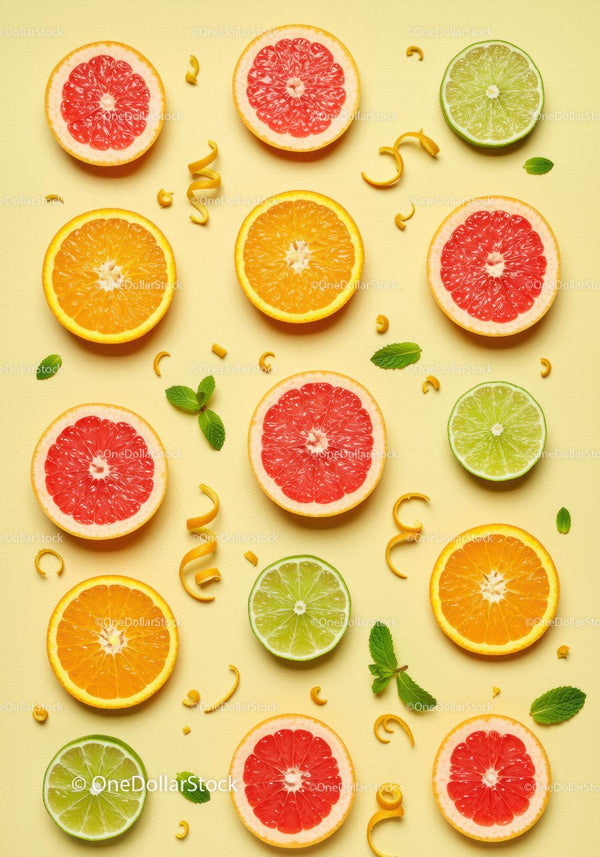 Fresh Citrus Fruit Slices Arranged on Yellow Background