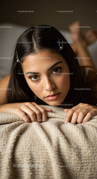 Close-Up Portrait of a Young Woman with Pearl Hair Clips Relaxing Indoors