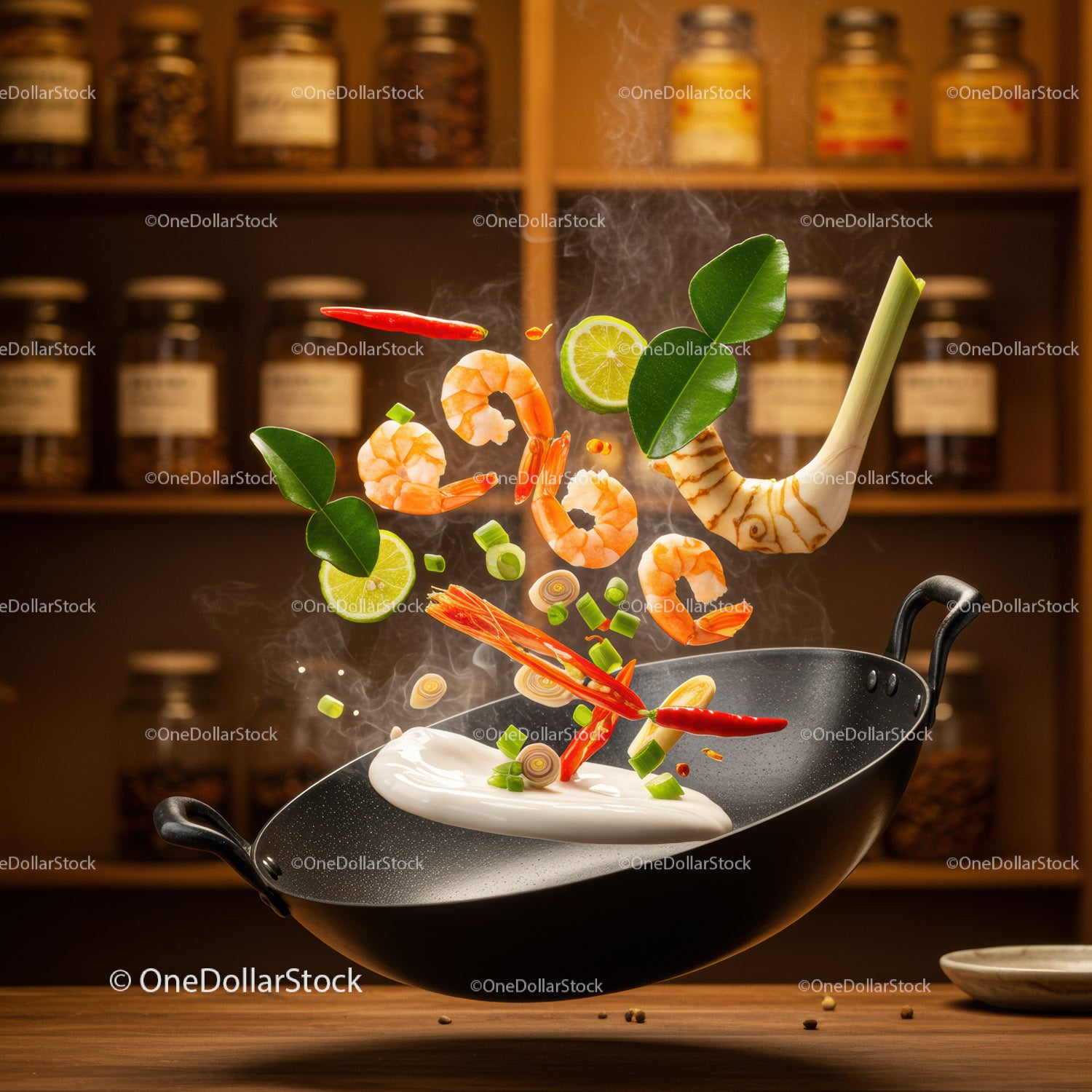 Fresh Thai Ingredients Tossed in Wok with Steam