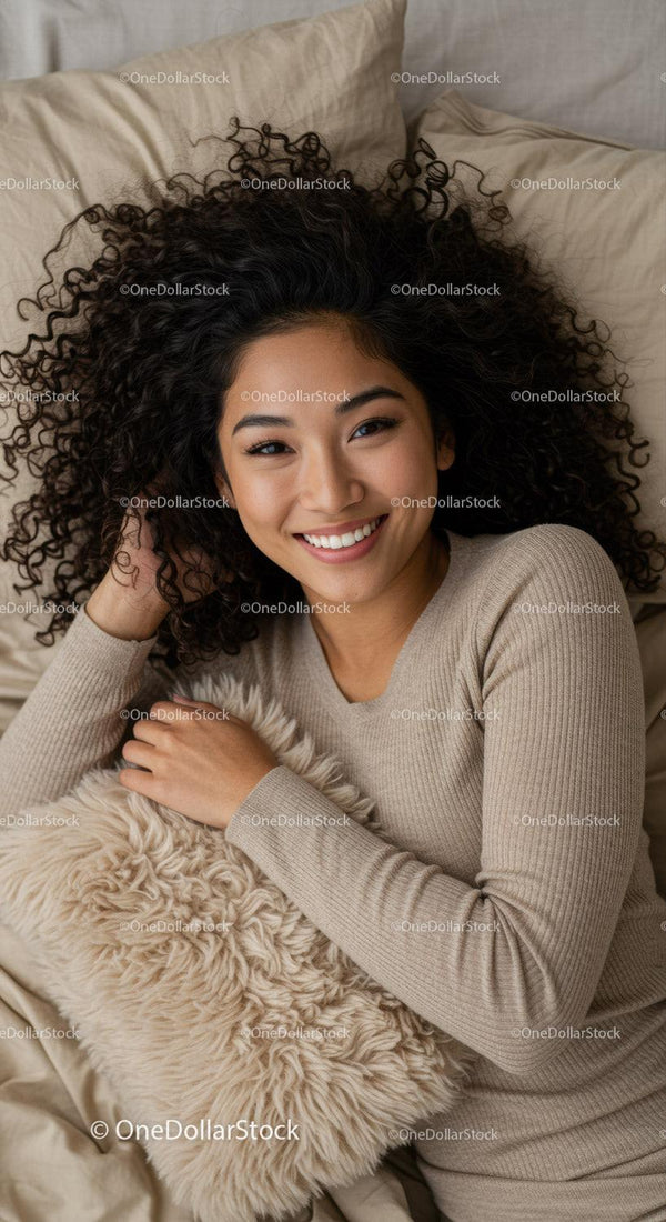 Smiling woman lying on bed with cozy pillow