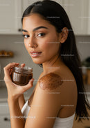 Young Woman with Tattoo Holding Glass Jar of Coffee Grounds in Modern Kitchen