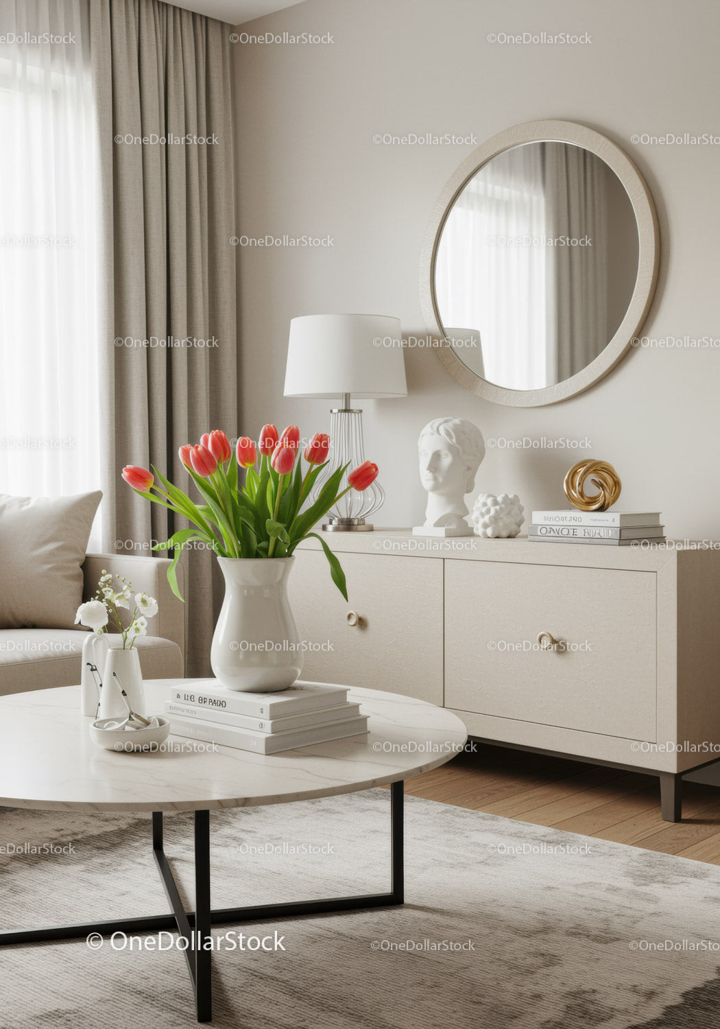Elegant Modern Living Room with Tulip Bouquet and Minimalist Decor