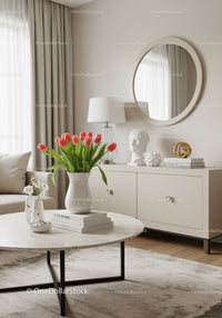 Elegant Modern Living Room with Tulip Bouquet and Minimalist Decor