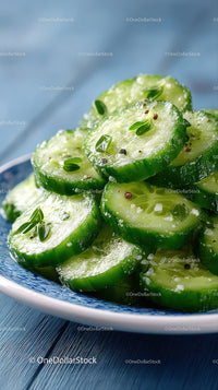 Fresh Sliced Cucumbers with Herbs Over Blue Plate