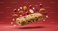 Nut and berry granola bar with flying ingredients