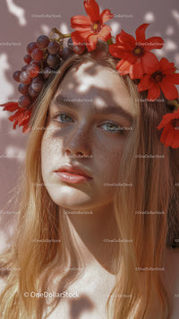 Young Woman with Red Floral Crown and Purple Grapes Outdoor Portrait