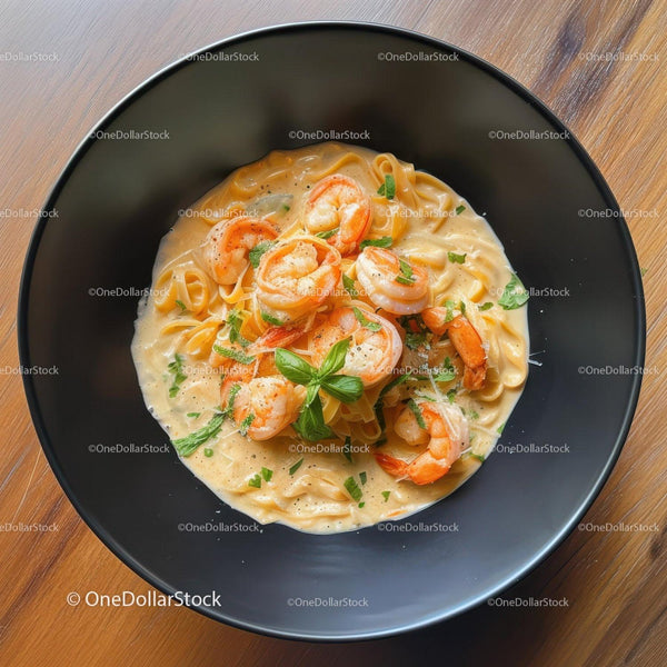 Kremowy makaron fettuccine z krewetkami, świeżą bazylią i ziołami