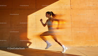 Female Athlete Sprinting with Motion Blur on Orange Wall