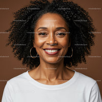 Bright Smiling Woman with Curly Hair in Casual White T-shirt
