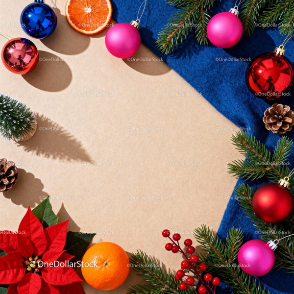 Festive Christmas Flat Lay with Ornaments and Foliage