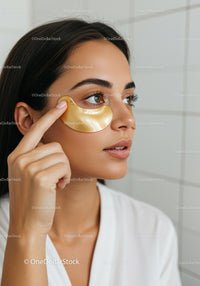 Woman Applying Under Eye Gold Hydrogel Patch for Skin Care