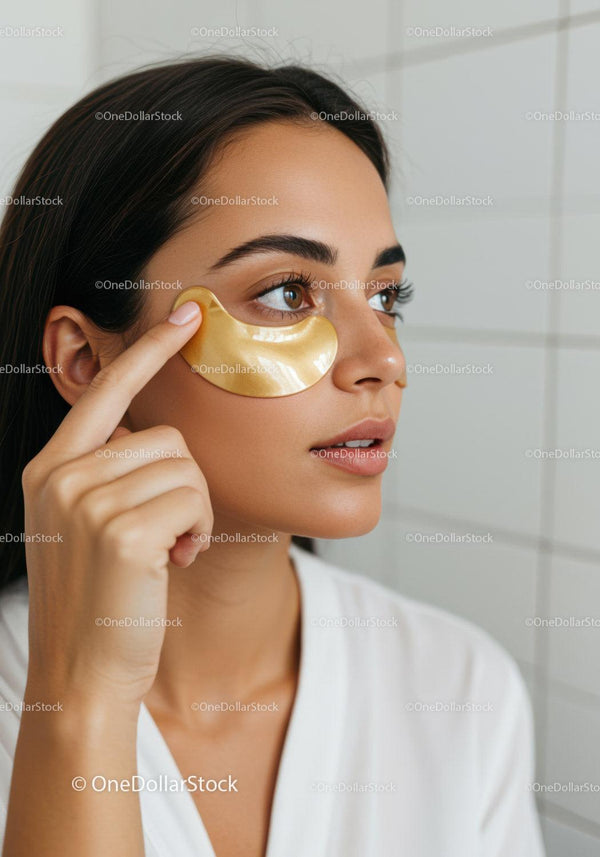 Woman Applying Under Eye Gold Hydrogel Patch for Skin Care