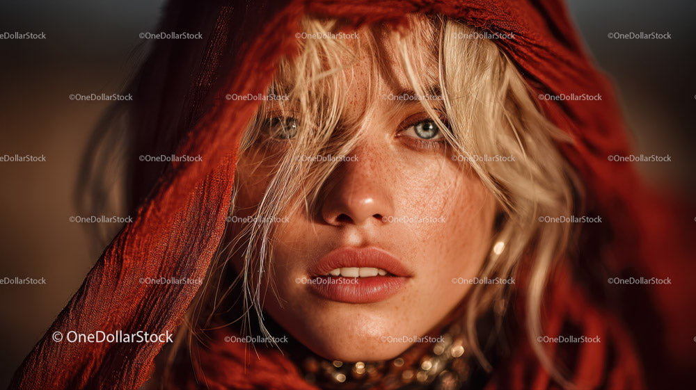 Enchanting Woman with Freckles and Blonde Hair Wearing Red Scarf