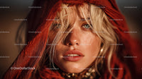 Enchanting Woman with Freckles and Blonde Hair Wearing Red Scarf