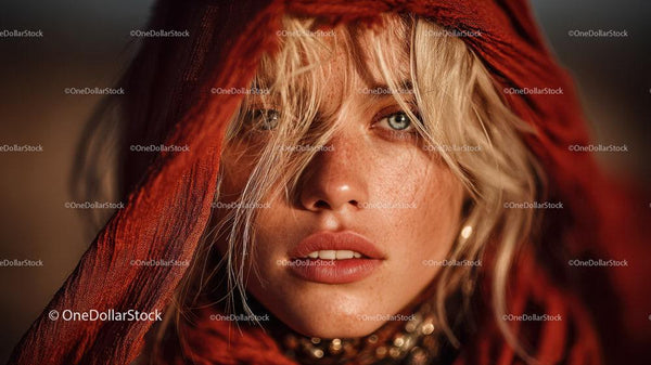 Enchanting Woman with Freckles and Blonde Hair Wearing Red Scarf