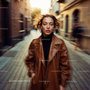 Chic Woman in Brown Coat Walking Through Busy City Street