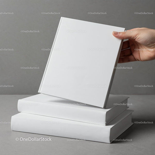 Hand holding blank book over stacked white books JPG Mockup Image