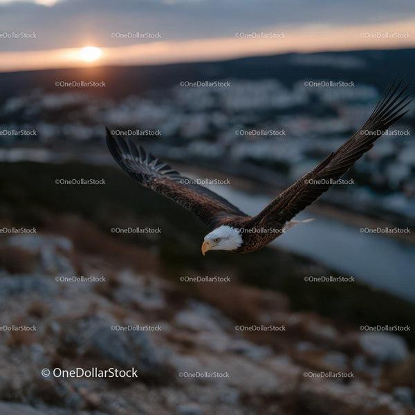 Majestic Bald Eagle Flying Over Mountain Landscape at Sunset