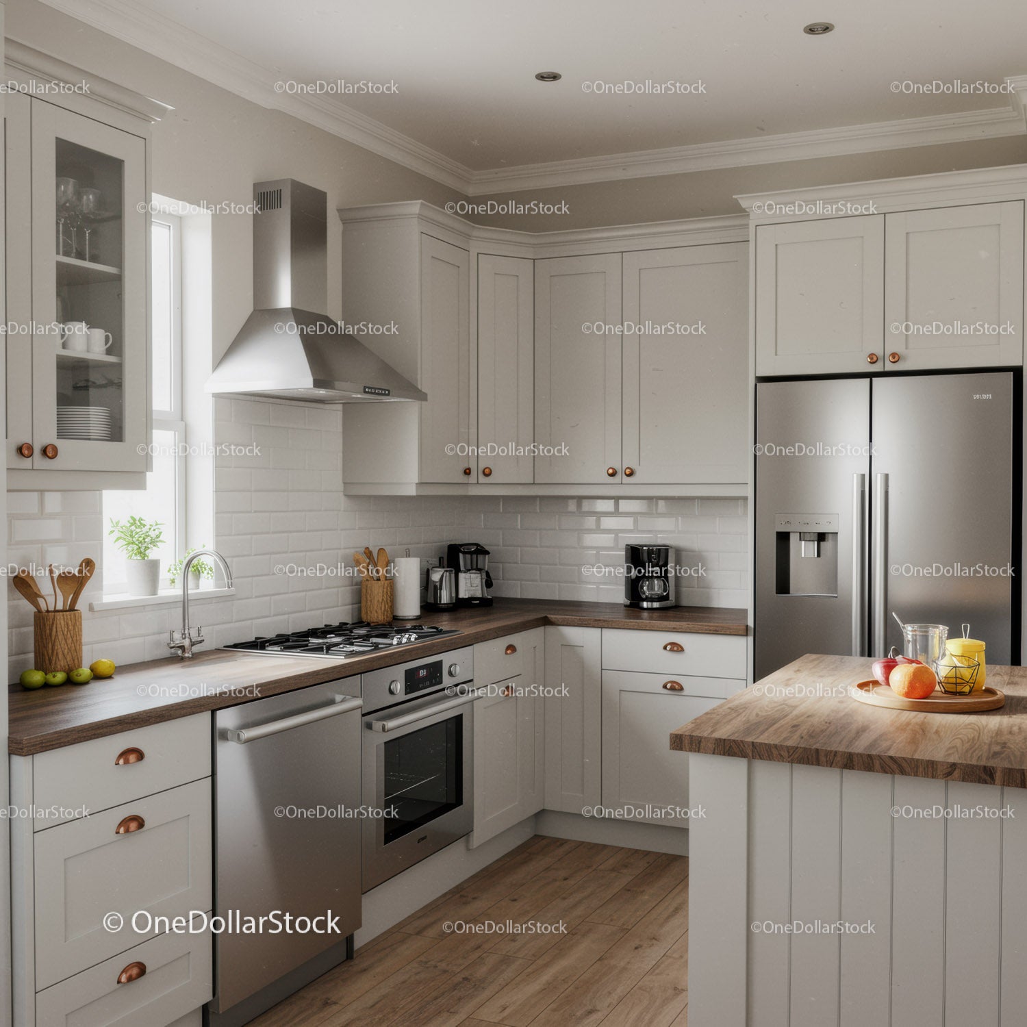 Bright Modern Kitchen with White Cabinets and Wooden Countertop