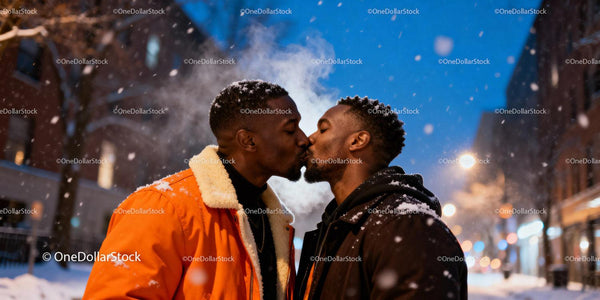 Couple Sharing a Tender Kiss on a Snowy Evening