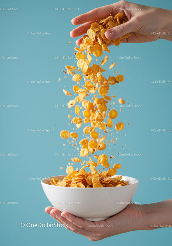 Hand pouring crunchy corn flakes into white bowl
