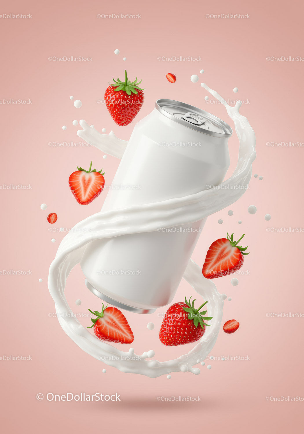 Refreshing strawberry splash around a white beverage can
