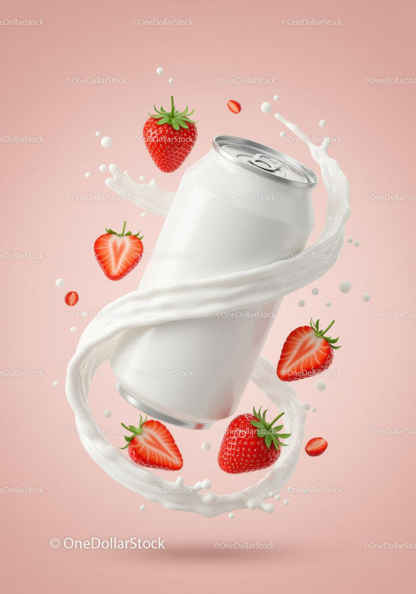 Refreshing strawberry splash around a white beverage can JPG Mockup Image