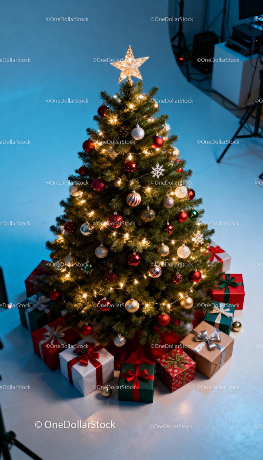 Decorated Christmas tree surrounded by festive gifts