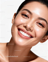 Close-up of smiling woman with glowing natural skin