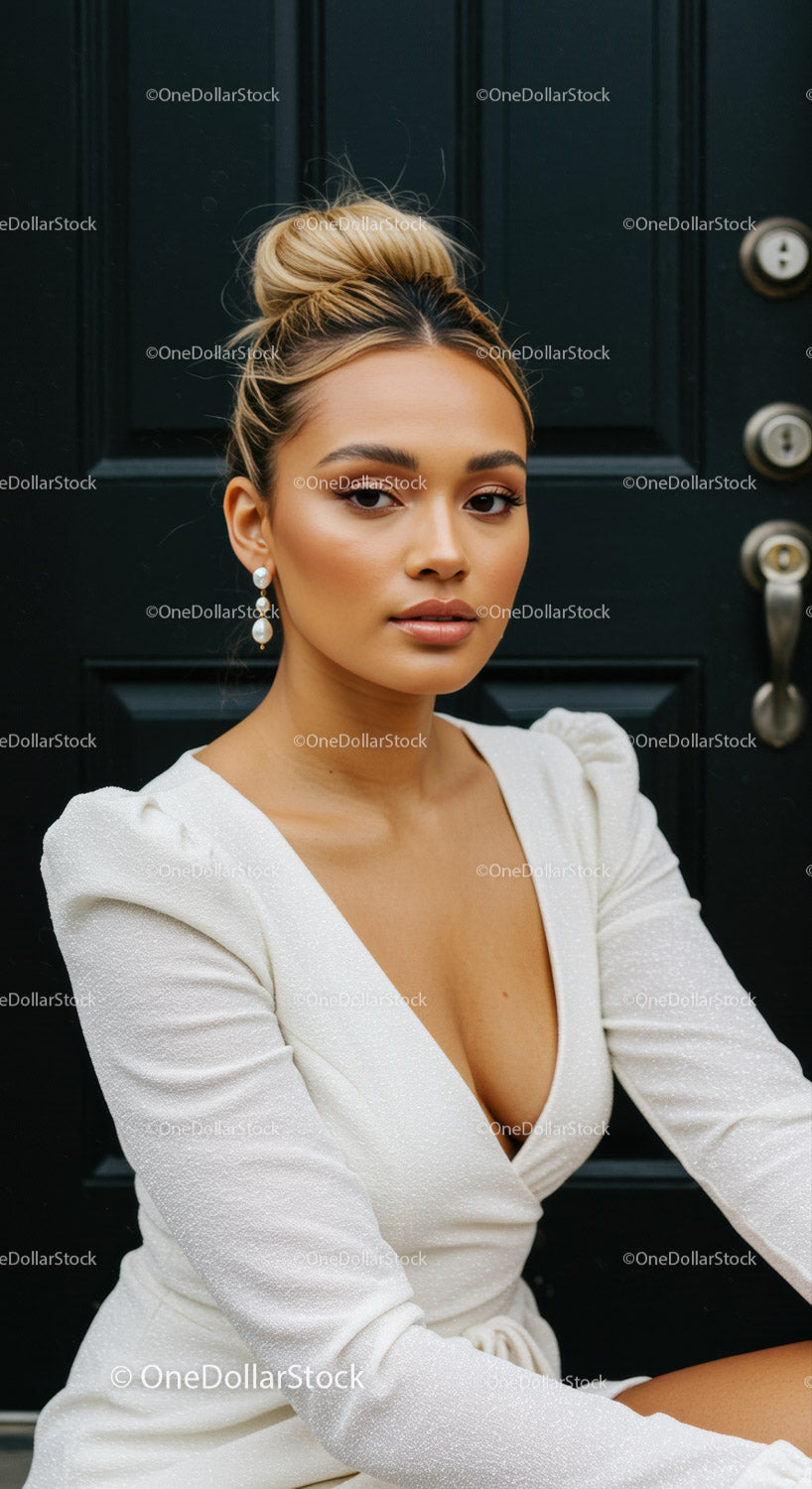 Pewna siebie kobieta w eleganckiej białej sukni siedząca przy drzwiach