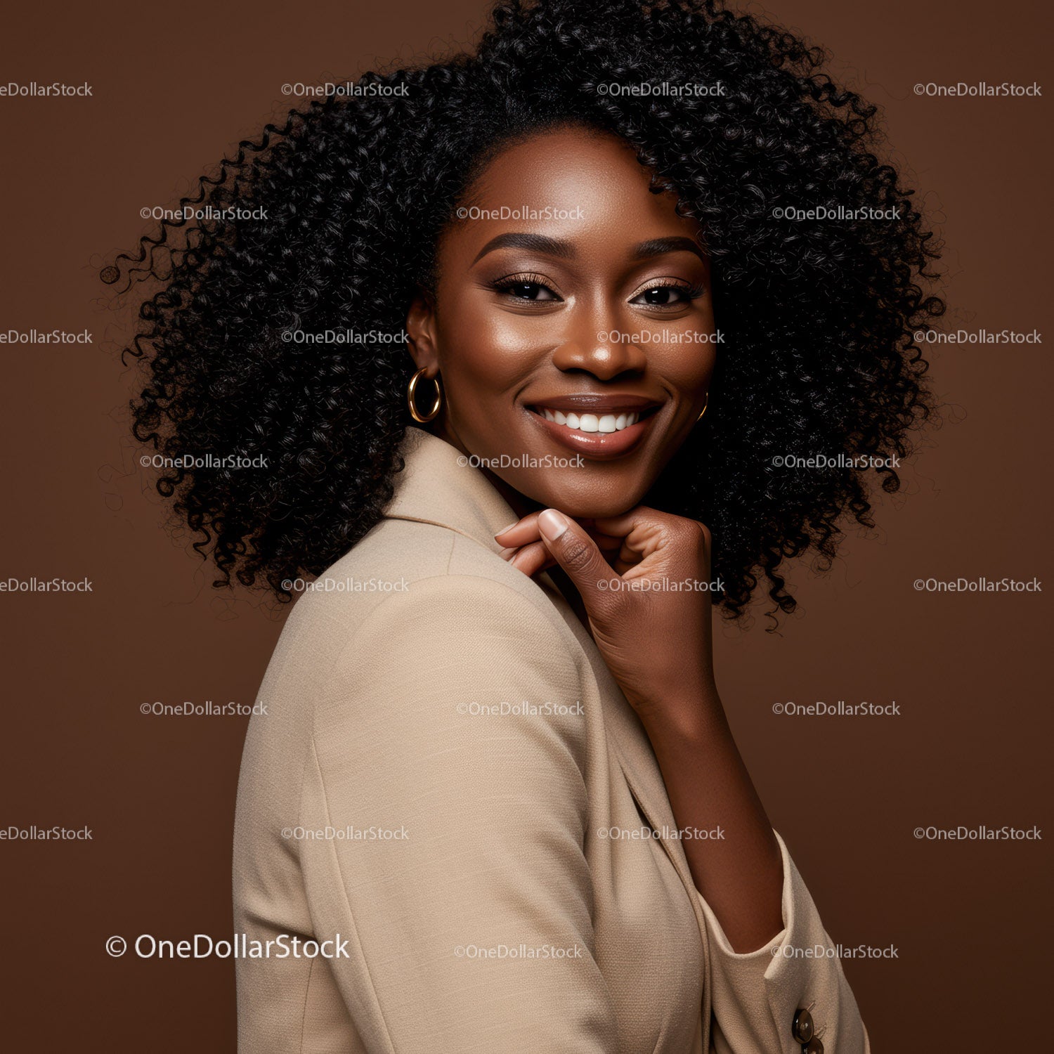 Elegant African American Woman with Curly Hair in Stylish Beige Blazer
