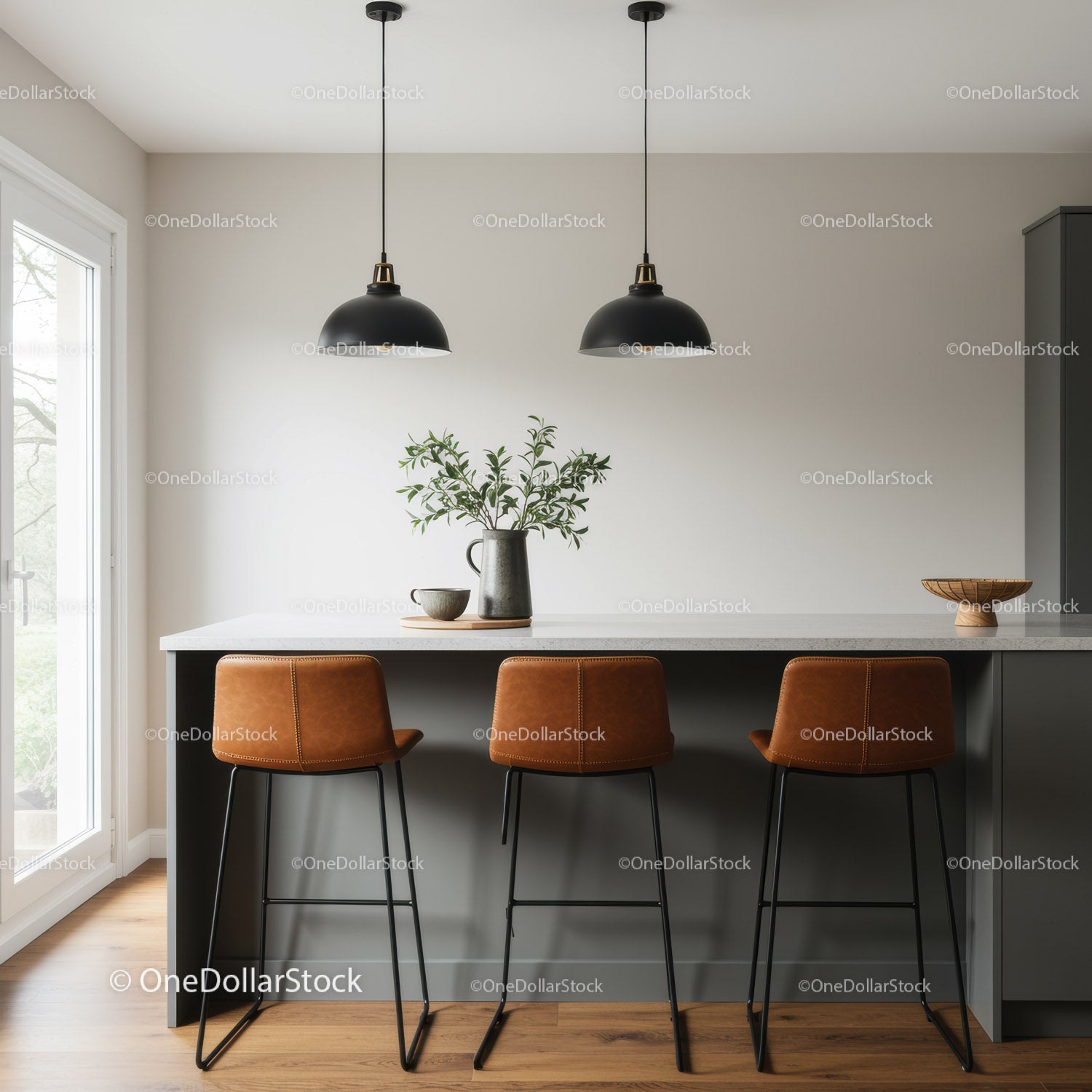 Modern Kitchen Bar Area with Leather Stools and Pendant Lighting