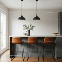 Modern Kitchen Bar Area with Leather Stools and Pendant Lighting