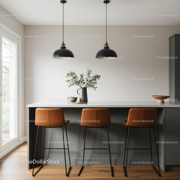 Modern Kitchen Bar Area with Leather Stools and Pendant Lighting
