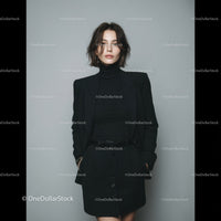 Elegant Woman in Black Suit with Turtleneck and High-Waisted Skirt