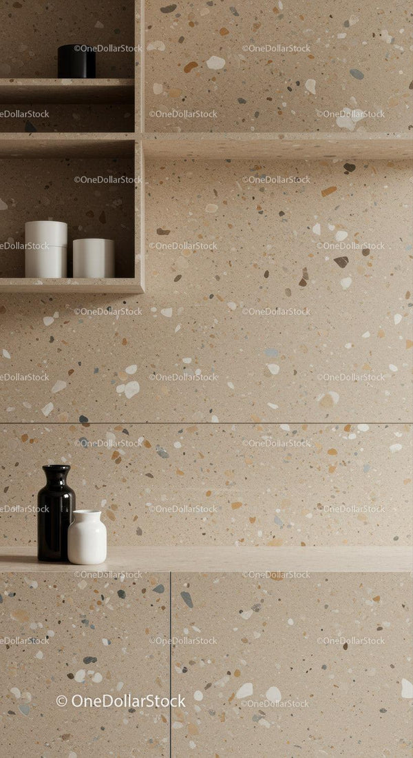 Nowoczesne wnętrze z beżową ścianą terrazzo i eleganckimi wazonami