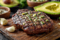 Juicy Grilled Beef Steak with Garlic and Avocado on Wooden Board