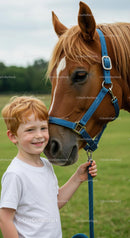 Charming Boy Smiling with a Friendly Horse in an Outdoor Setting