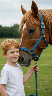 Charming Boy Smiling with a Friendly Horse in an Outdoor Setting