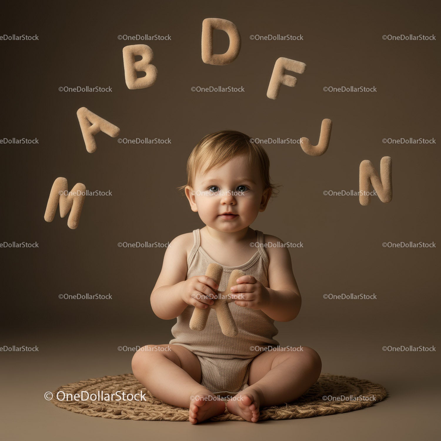 Toddler exploring plush alphabet letters while sitting crosslegged
