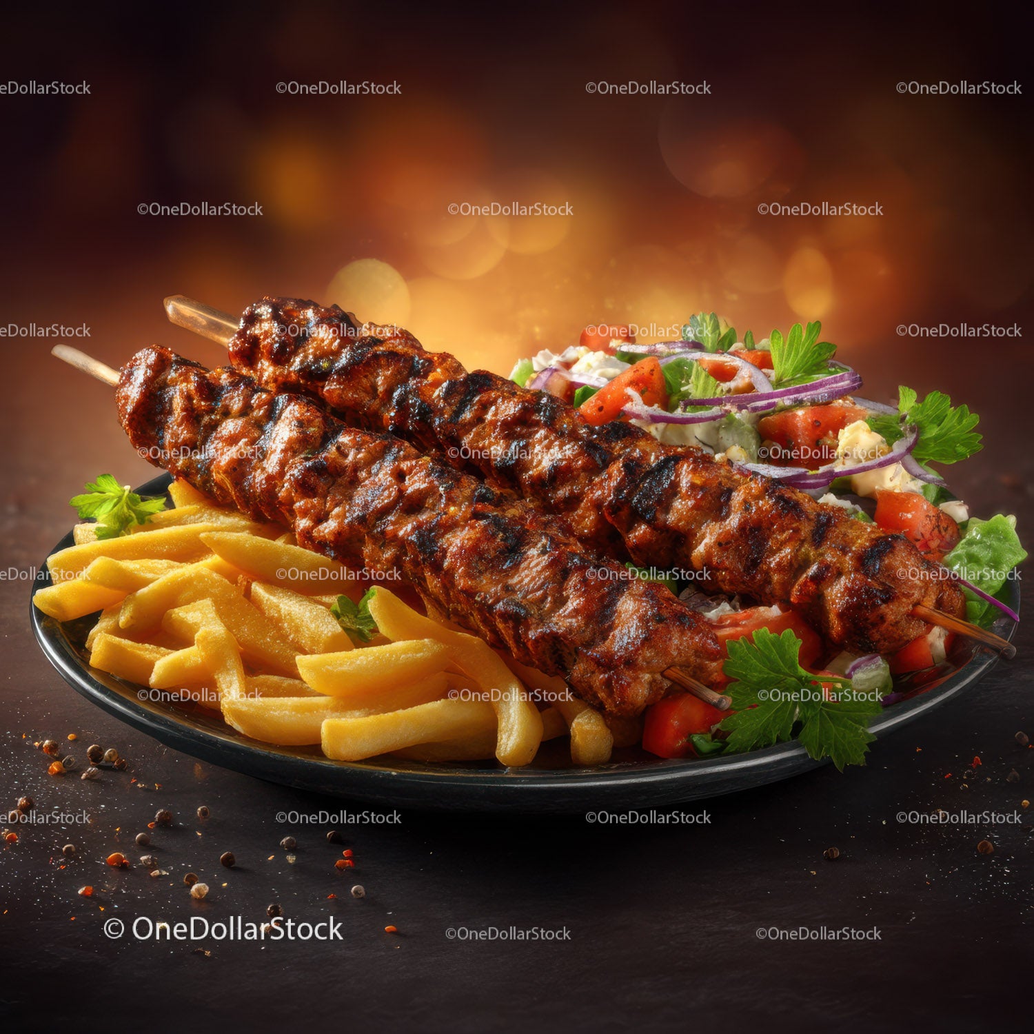 Grilled Meat Skewers with Fresh Salad and French Fries