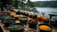 Herbal and Spice Collection with Dried Herbs in Glass Jars by Lake