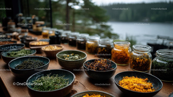 Herbal and Spice Collection with Dried Herbs in Glass Jars by Lake